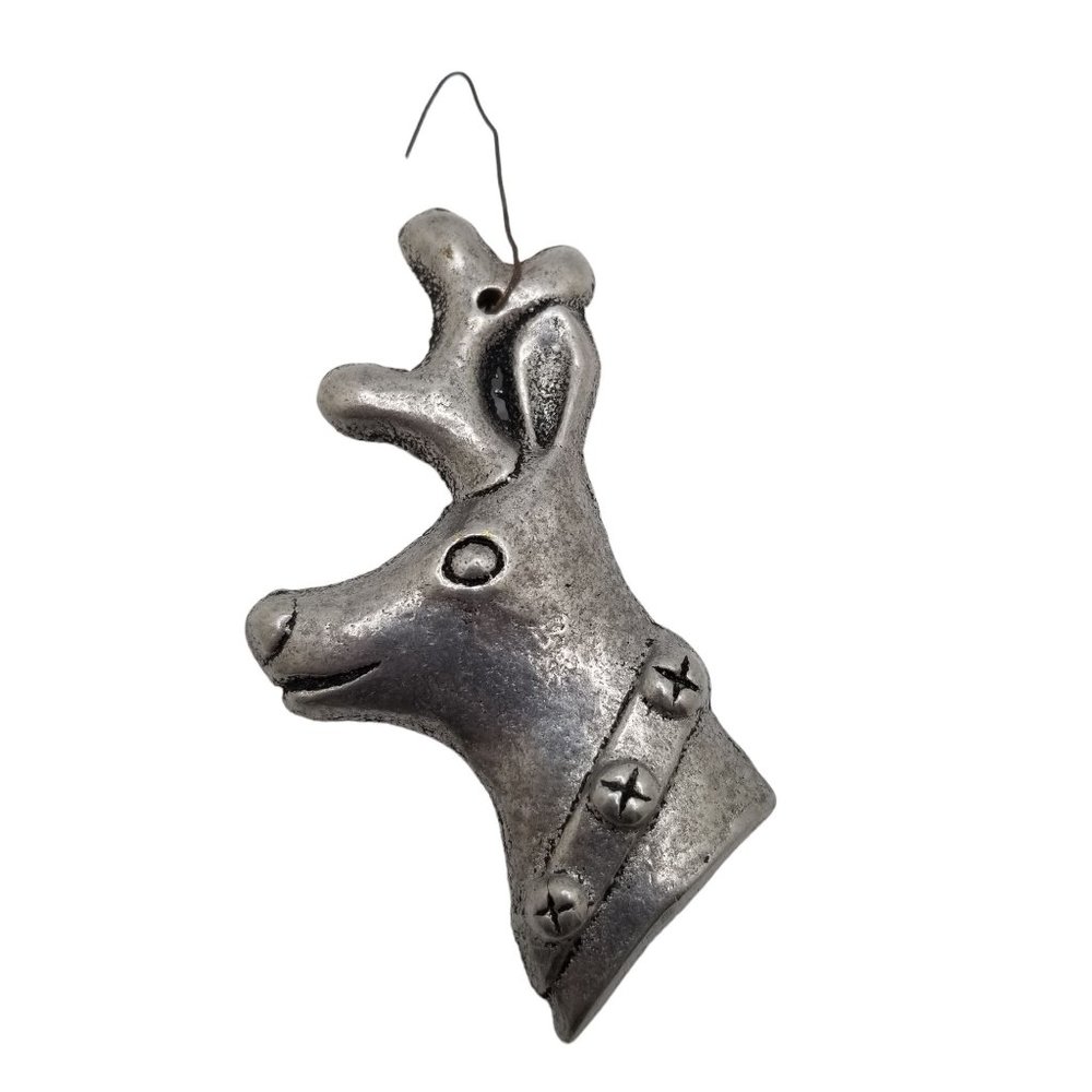 Vintage Reindeer Christmas Ornament Metal Silver Toned Deer Jingle Bells Antlers
